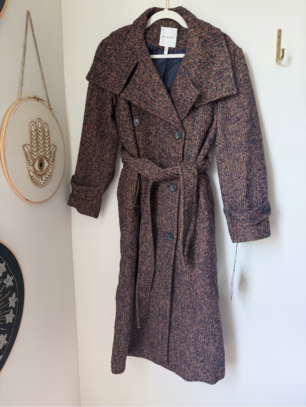 Avec Les Filles Brown black Tweed Belted wool blend Trench Coat